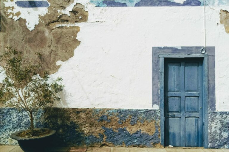 porte bleue et mur abimé